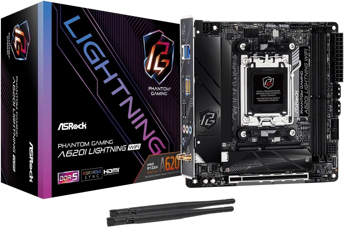 ASRock A620I Lightning WiFi AMD AM5 Mini-ITX Motherboard, Supports AMD Ryzen 9000/8000/7000 Series Processors, DDR5 7200+ (OC), PCIe 4.0, 2.5G LAN, WiFi 6E, 8+2+1 Power Phase