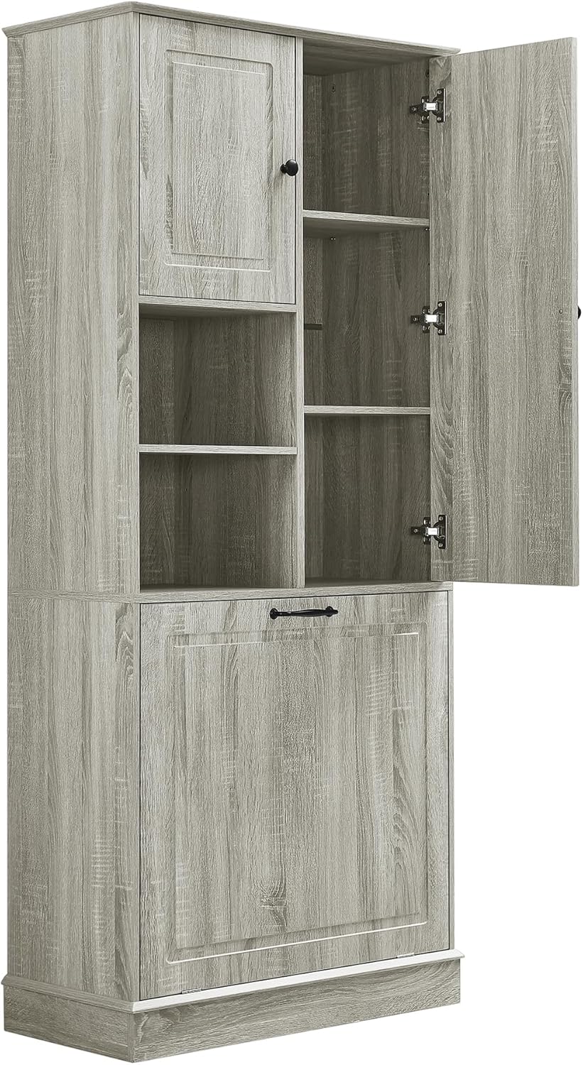 LUMISOL 68" Tall Tilt Out Laundry Hamper, Wood Laundry Cabinet with Hidden Hamper Basket, Freestanding Storage Cabinet with 2 Doors, Adjustable Shelf for Bathroom, Living Room, Kitchen, Oak