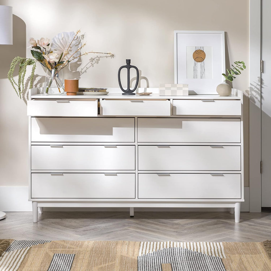 Walker Edison Blythe Mid-Century Modern Tray-Top Solid Wood 9-Drawer Dresser 60 Inch White