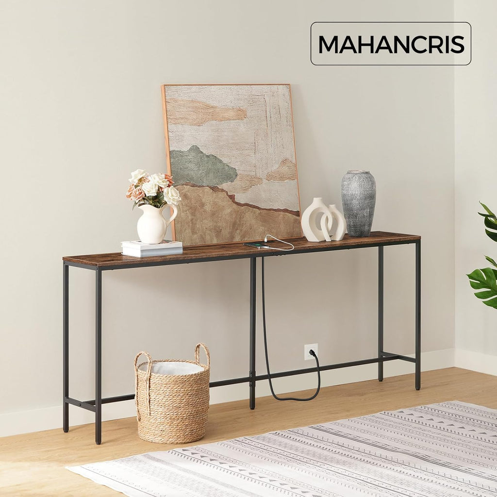 MAHANCRIS 78.7" Console Table with Power Outlet, 11.8" Wide Narrow Sofa Table, Industrial Entryway Table with USB Ports, Behind Couch for Entryway, Hallway, Foyer, Living Room, Rustic Brown CTHR320E01