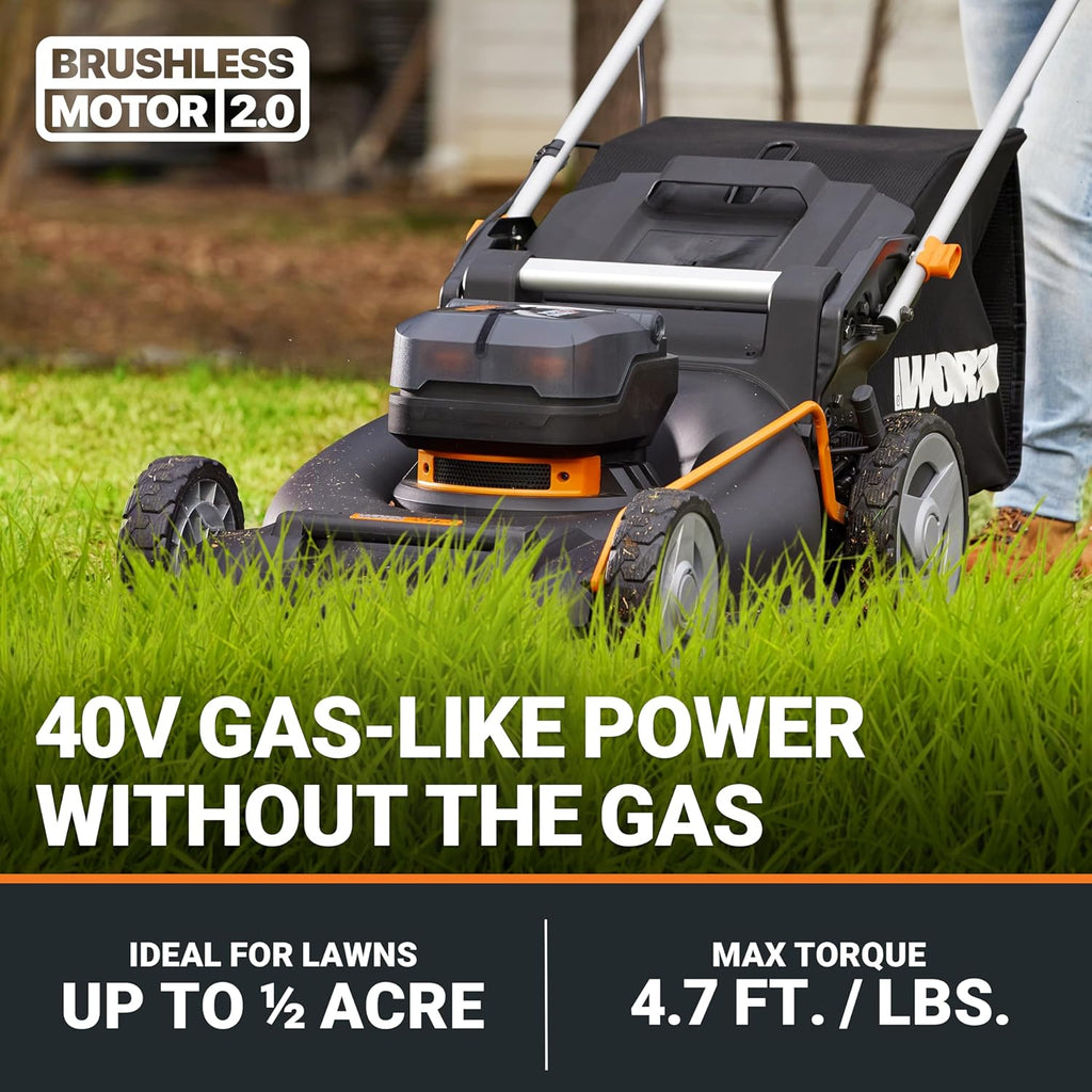 WORX Nitro 21" Cordless Lawn Mower, Brushless Electric Mower for 1/2 Acre, Push Lawn Mower with 7-Position Height Adjustment, 2 × 5.0 Ah Batteries & Charger Included, WG752