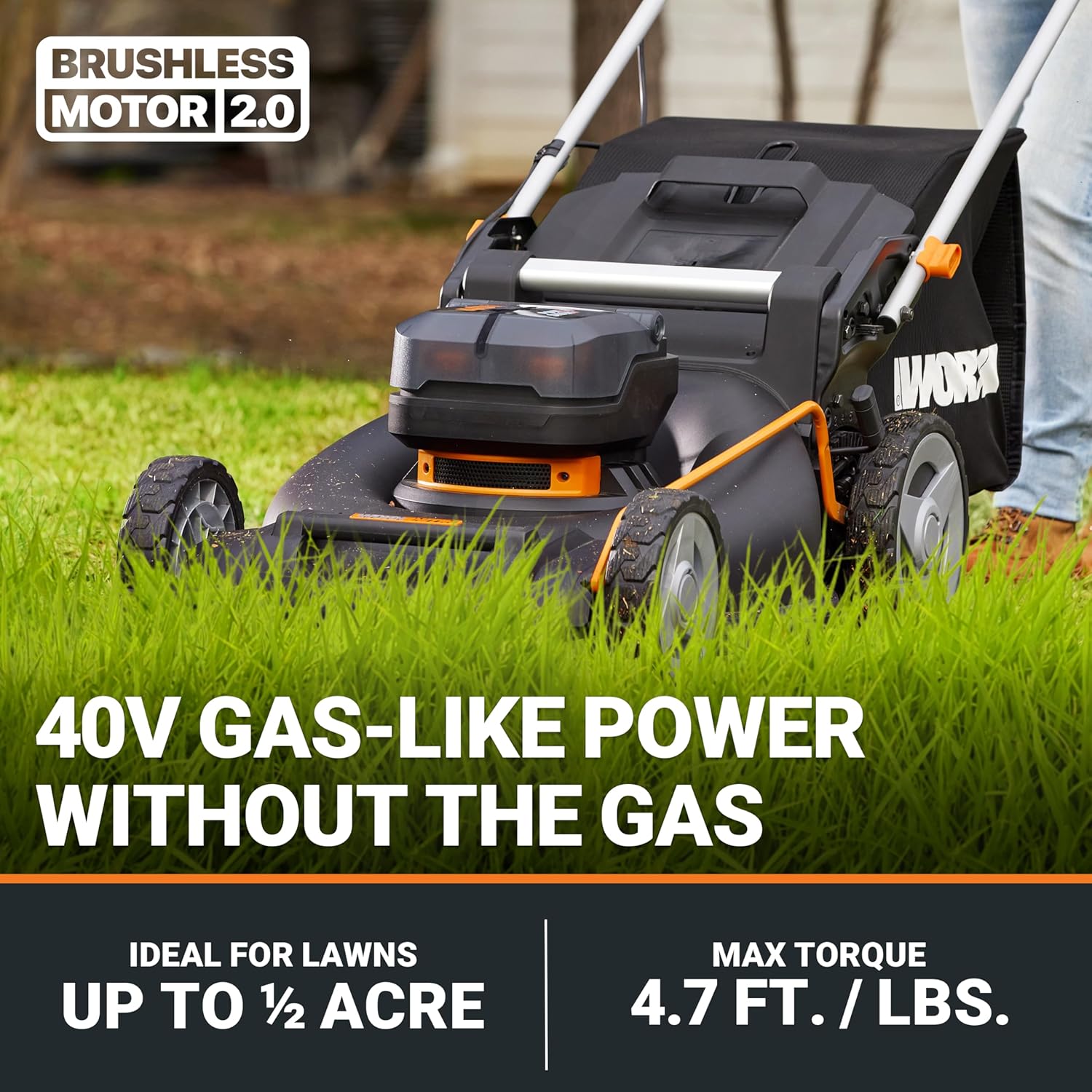 WORX Nitro 21" Cordless Lawn Mower, Brushless Electric Mower for 1/2 Acre, Push Lawn Mower with 7-Position Height Adjustment, 2 × 5.0 Ah Batteries & Charger Included, WG752