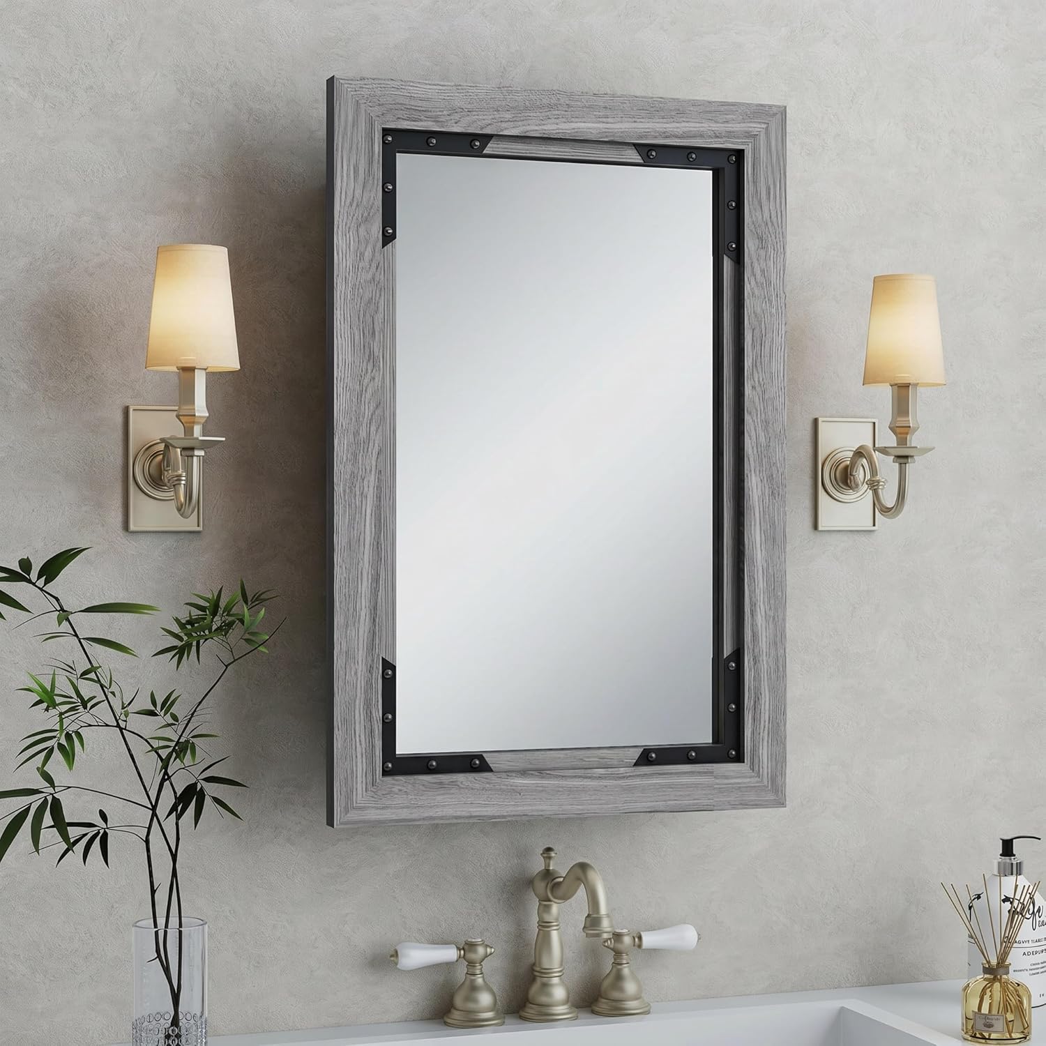 FLYJOE Medicine Cabinet Mirror 20 x 26 Inch Farmhouse Bathroom Mirror Door Solid Wood Storage Cabinet with Adjustable Shelves, Wall Mounted for Bathroom Living Room, Grey