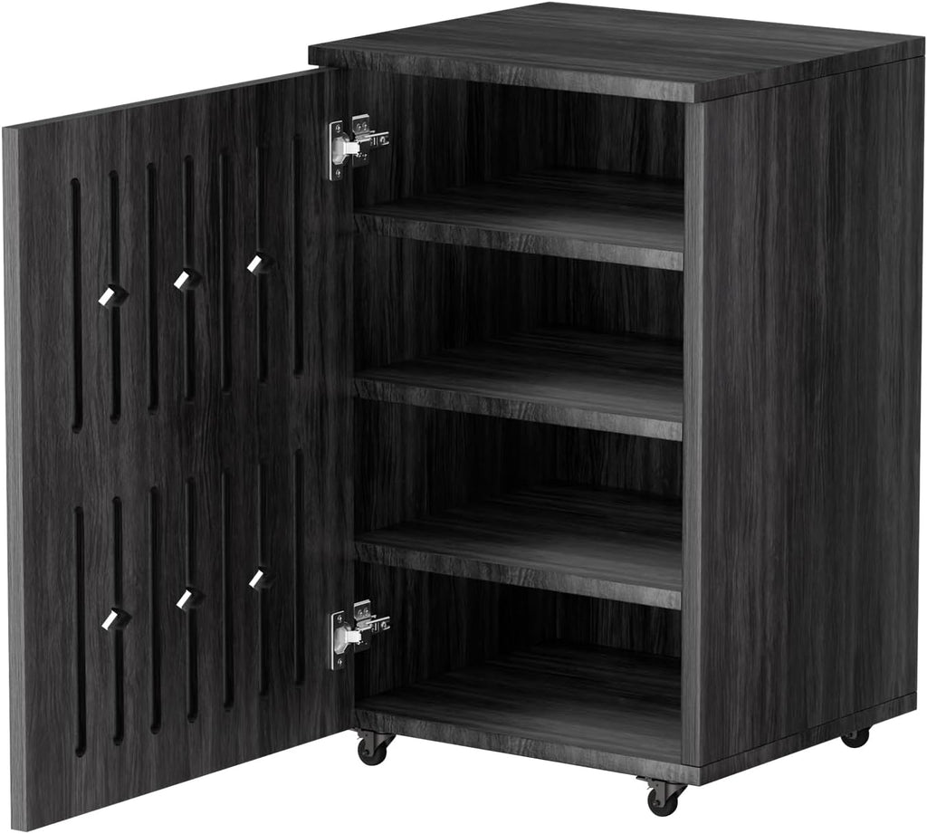5-Tier Stereo Components Cabinet Wooden Audio Equipment Cabinet with Grille Door Closed Entertainment Stand with Adjustable Shelves AV Media Vintage Rack On Wheels for Living Gaming Room (Black)