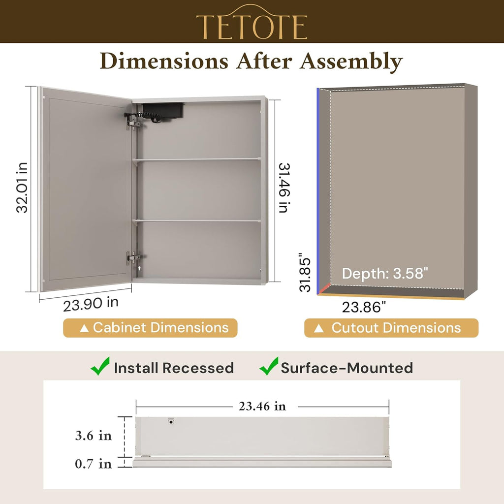 TETOTE 24 x 32 Medicine Cabinet with Lights, Adjustable Shelves, Silver Aluminum Cabinet, Anti-Fog Stepless Dimmable 3 Colors White/Warm/Natural, Easy to Install(Wall Mount/Recessed)