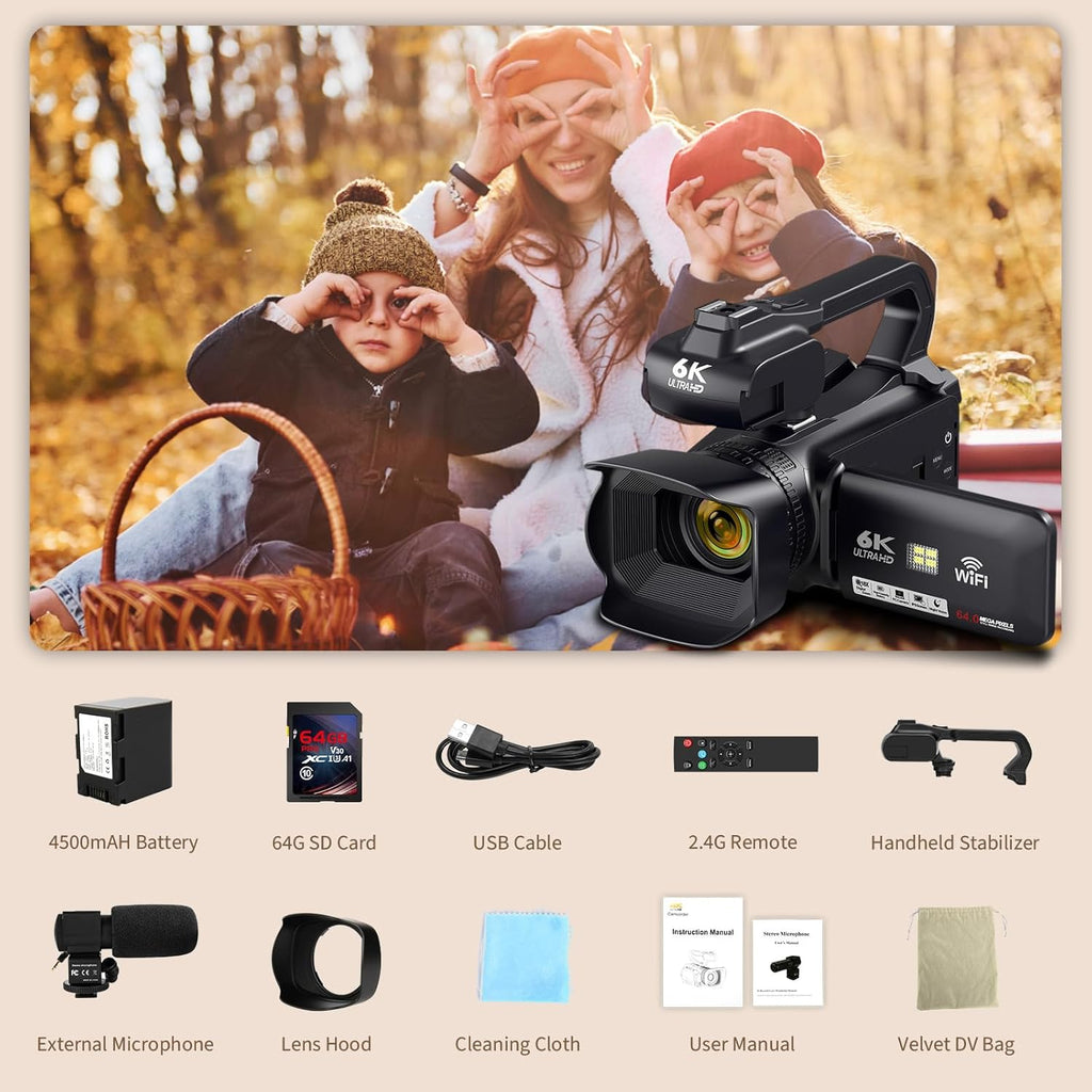 6K Camcorder Video Camera 64MP IR Night Vision Vlogging Camera for YouTube 18X Digital Zoom 4.0" Touch Screen Video Recorder with WiFi, Mic, Charger, Stabilizer, Controller, Battery and 64GB SD Card