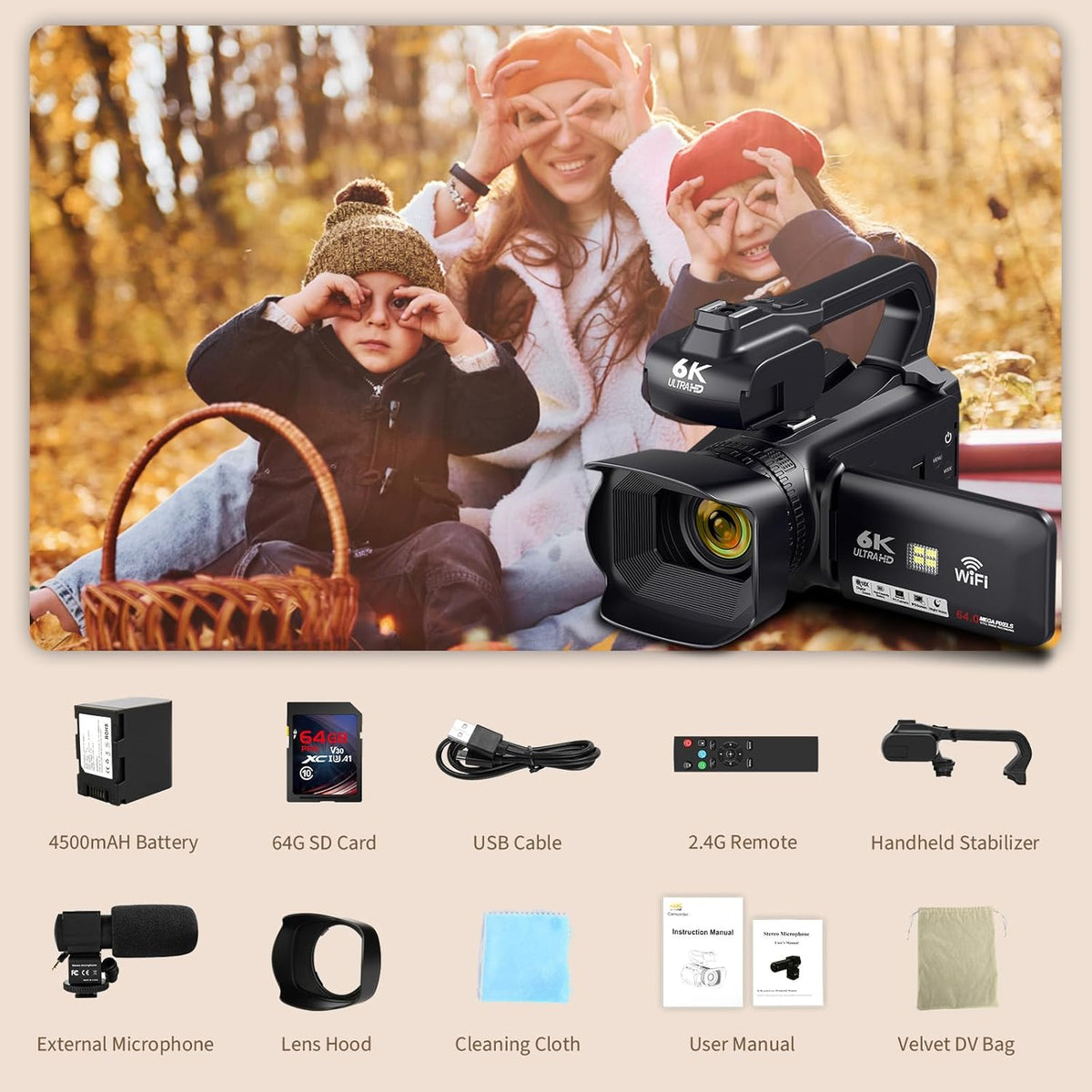 6K Camcorder Video Camera 64MP IR Night Vision Vlogging Camera for YouTube 18X Digital Zoom 4.0" Touch Screen Video Recorder with WiFi, Mic, Charger, Stabilizer, Controller, Battery and 64GB SD Card
