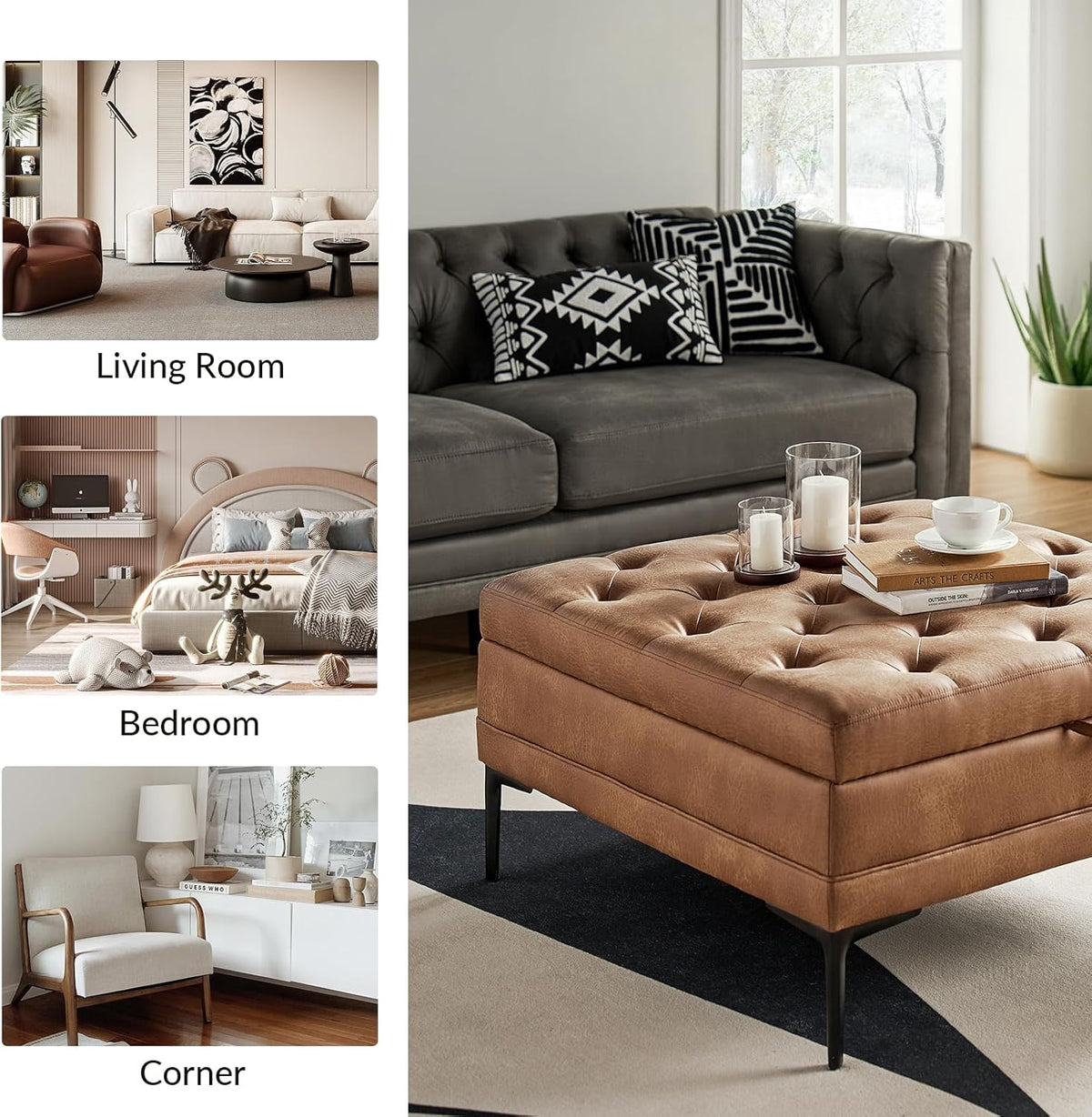 HULALA HOME Faux Leather Coffee Table, 36.5" Square Storage Ottoman with Metal Legs, Button-Tufted Coffee Table with Storage for Living Room, Camel