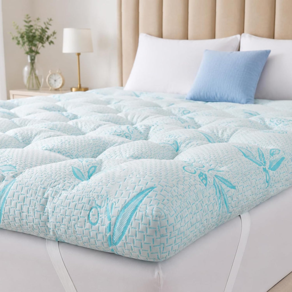 SHOUREN Memory Foam Mattress Topper Queen 4-5 Inch, 2100 GSM Pillow Top, Blue Bamboo-Viscose Cover, Plush Gel Memory Foam & 3D Fiber Fill, Elastic Straps, Machine Washable, 60x80