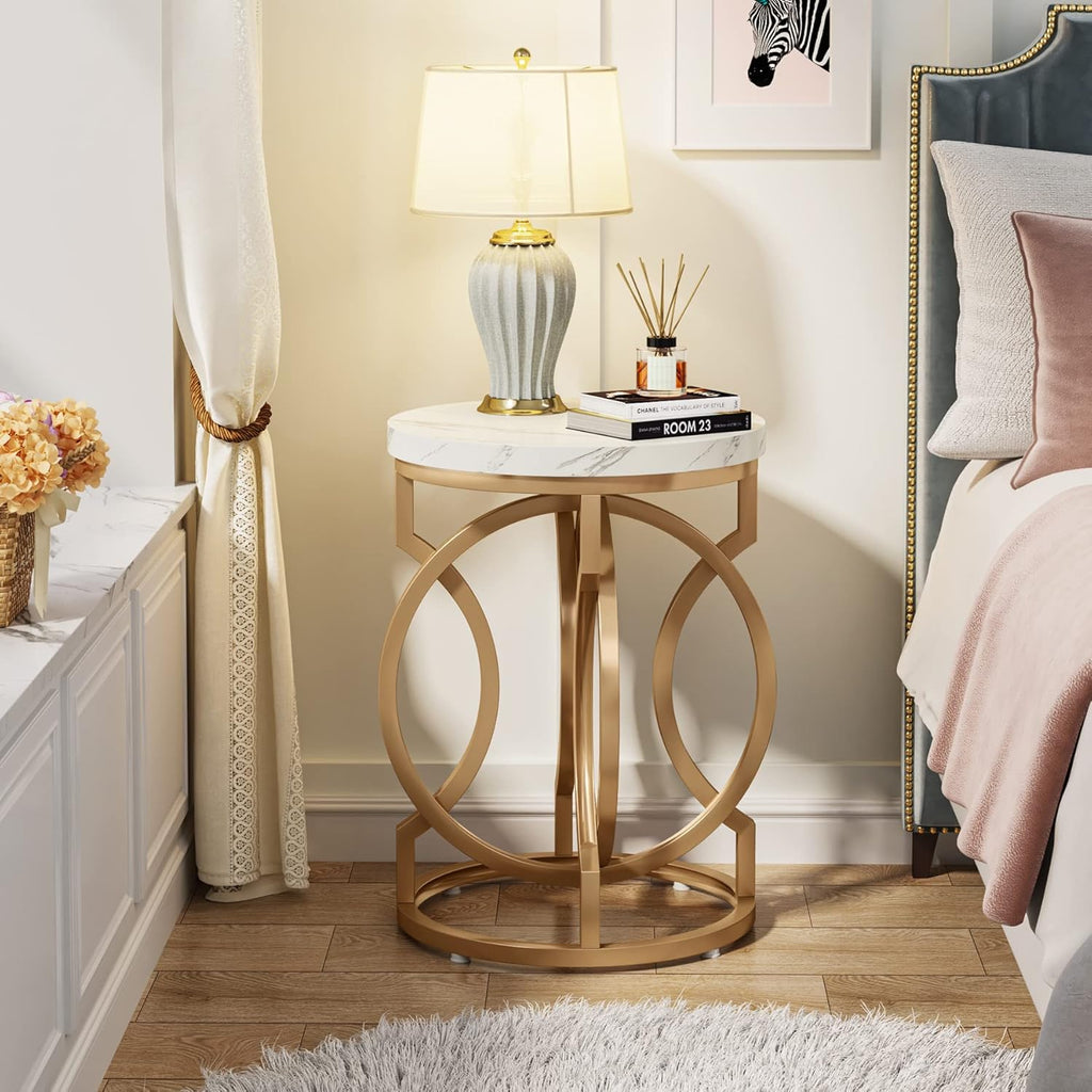 Tribesigns Modern Round End Table Set of 2 with Thickened Tabletop, 20" Gold Side Table with Unique O-Shaped Metal Base, Midcentury Nightstand for Living Room Bedroom, White + Gold