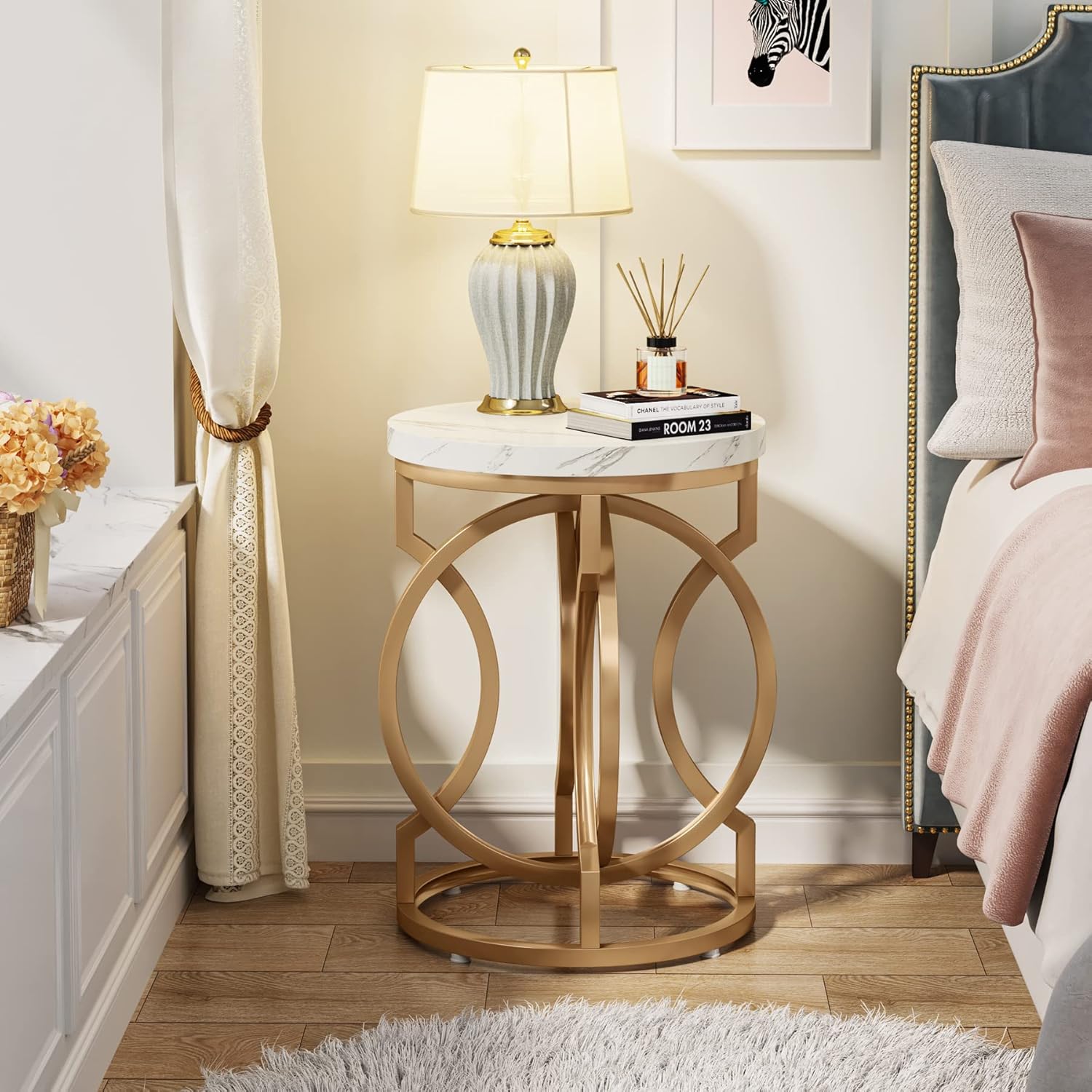 Tribesigns Modern Round End Table Set of 2 with Thickened Tabletop, 20" Gold Side Table with Unique O-Shaped Metal Base, Midcentury Nightstand for Living Room Bedroom, White + Gold