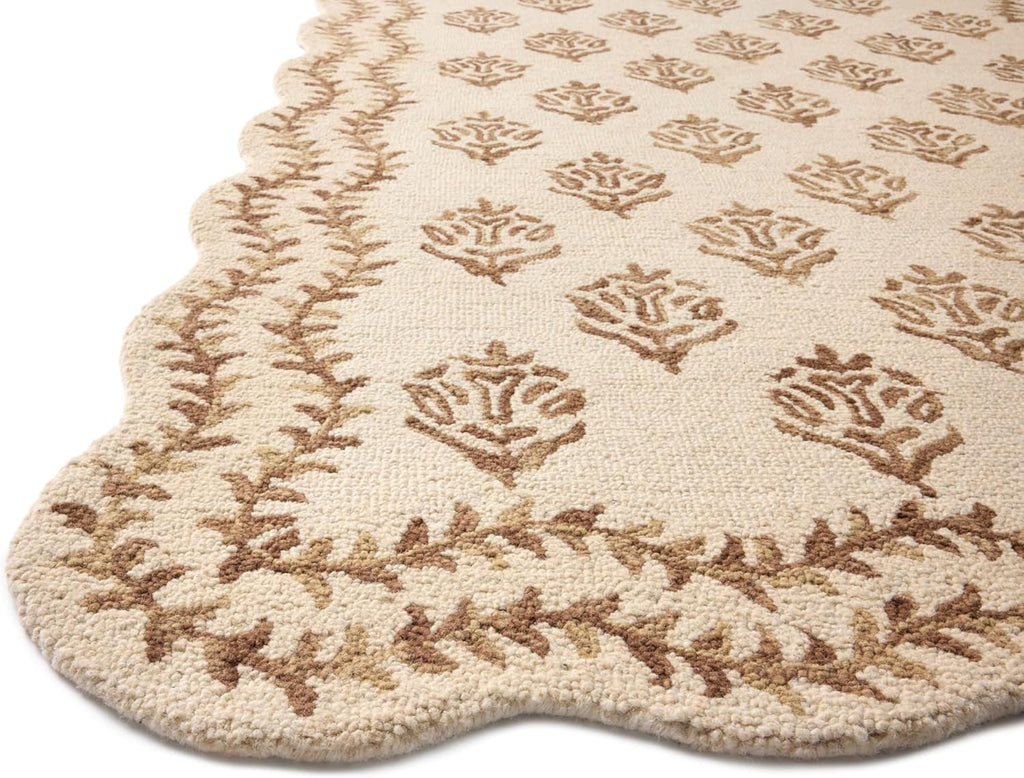 Loloi Rifle Paper Co. Lisette Collection LST-01 Ivory/Natural 7'-9" x 9'-9" Area Rug Wool, Natural, Scallop, Wavy, Floral, Textured, Living Room, Bedroom, Dining, Carpet
