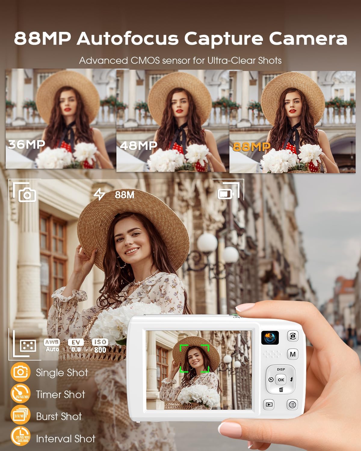 88MP Digital Camera for Photography, 2026 New WiFi 8K Vlog Video Camera for YouTube with Touch Screen, Dual Lens, Autofocus Anti-Shake, 16X Zoom, Small Travel Camera, 32GB TF Card, 2 Batteries, White