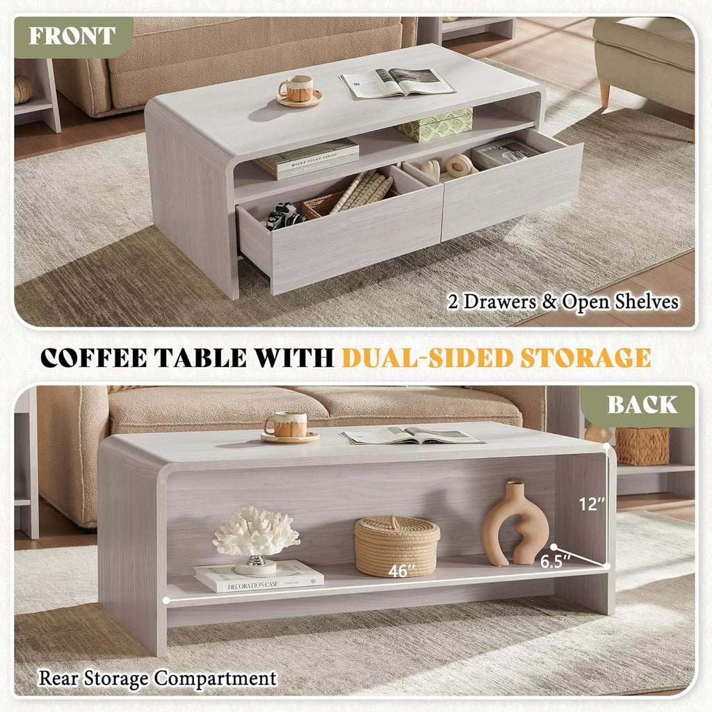 AMERLIFE 3-Piece Living Room Table Set, Includes Coffee Table & 2 End Tables, Modern Coffee Table Sets with Large Storage Drawers & Smooth Rounded Edges, White