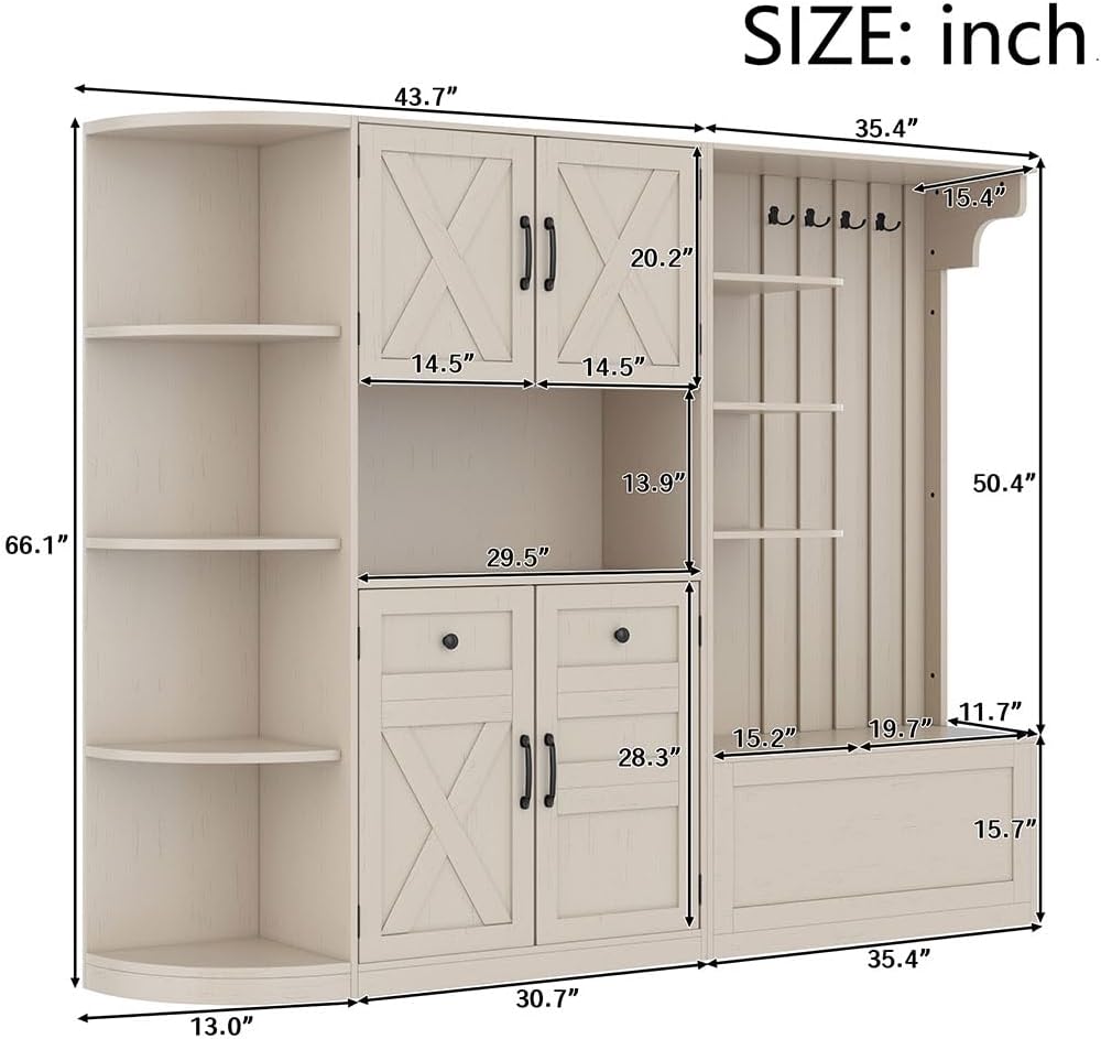 79" Multifunctional Hall Cabinet with Hooks & Storage, Left-Right Combination Entryway Organizer with Bench, 5 Cabinets, 8 Shelves, Space-Saving Mudroom Coat Rack Cabinet,Beige