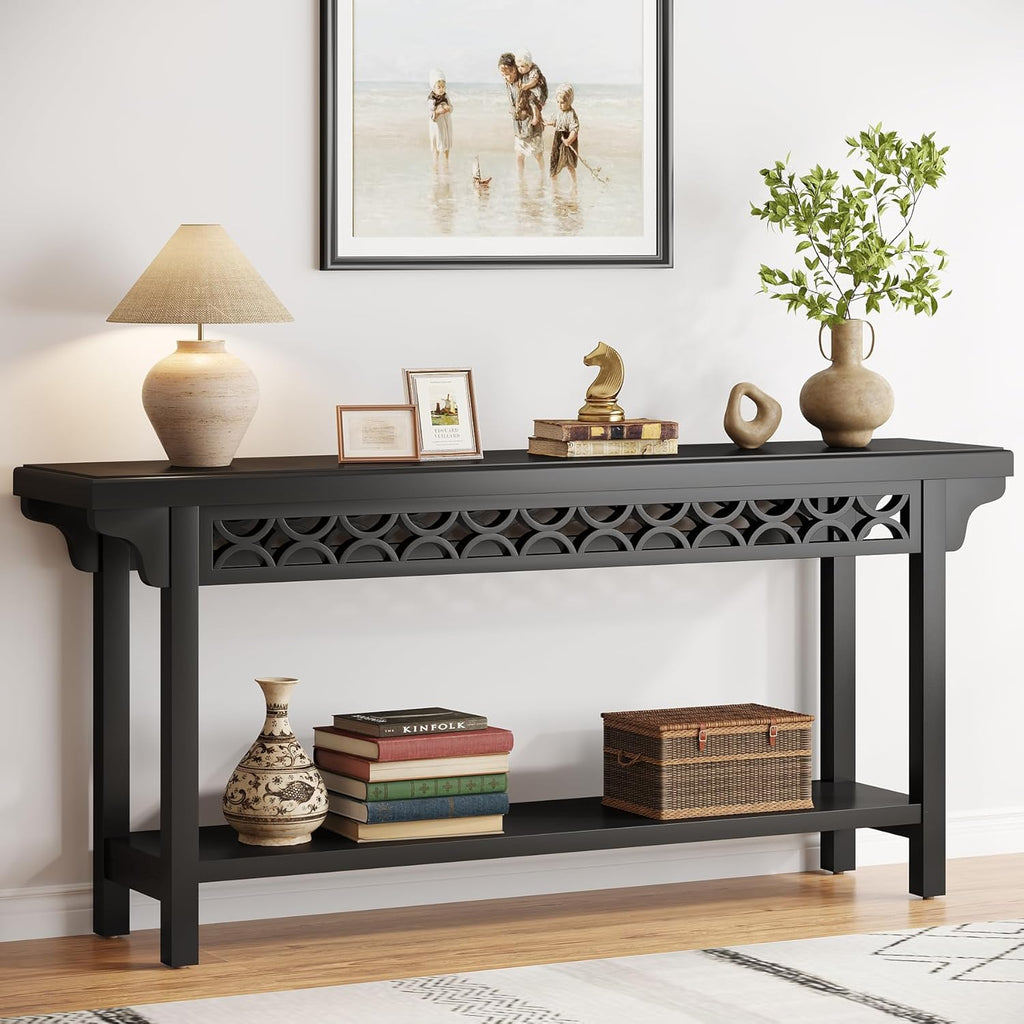 Tribesigns 70.8-Inch Solid Wood Long Console Table, Farmhouse Entryway Table with Storage, Narrow Sofa Table Grey Couch Table for Living Room Entryway Hallway (Black)