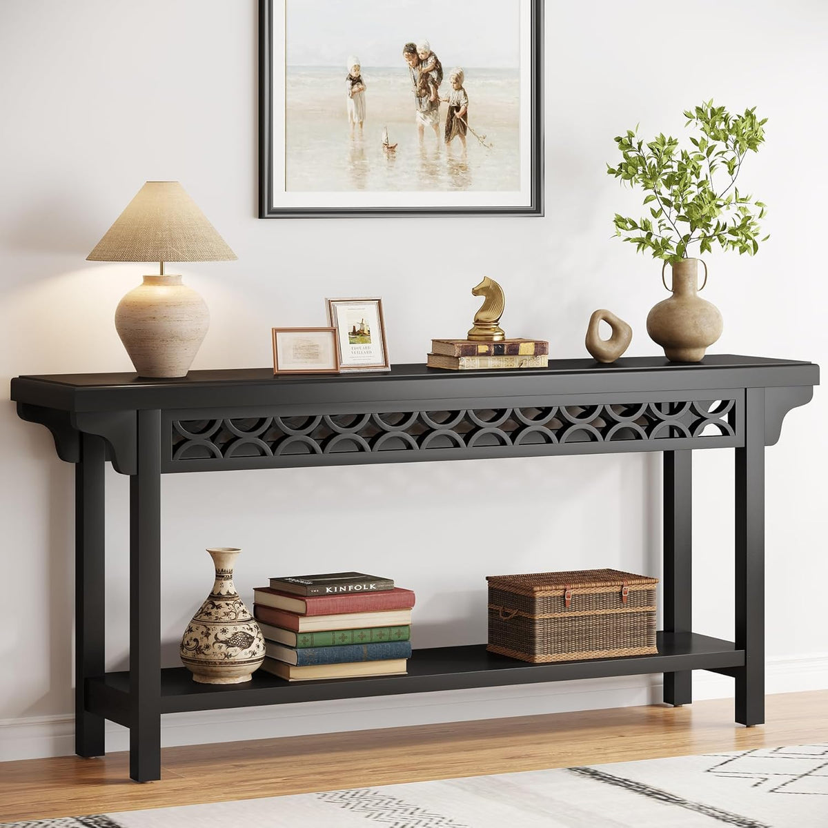 Tribesigns 70.8-Inch Solid Wood Long Console Table, Farmhouse Entryway Table with Storage, Narrow Sofa Table Grey Couch Table for Living Room Entryway Hallway (Black)