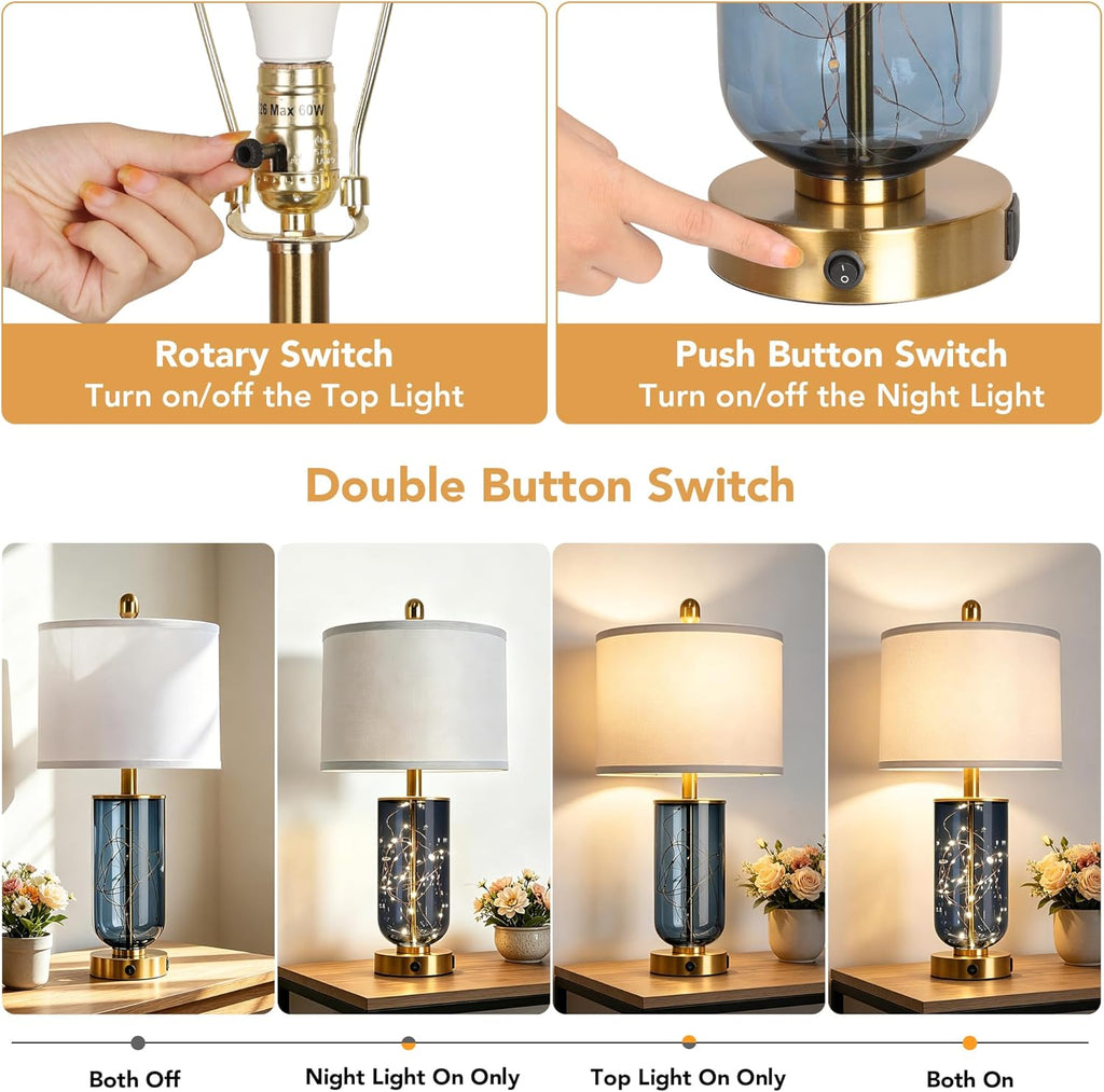 ROTTOGOON 23" Bedside Table Lamps for Living Room, Blue Glass Nightstand Lamps Set of 2 with USB A+C Charging Ports and Night Light Modern Table Lamp for Bedroom End Table (Bulbs Included)