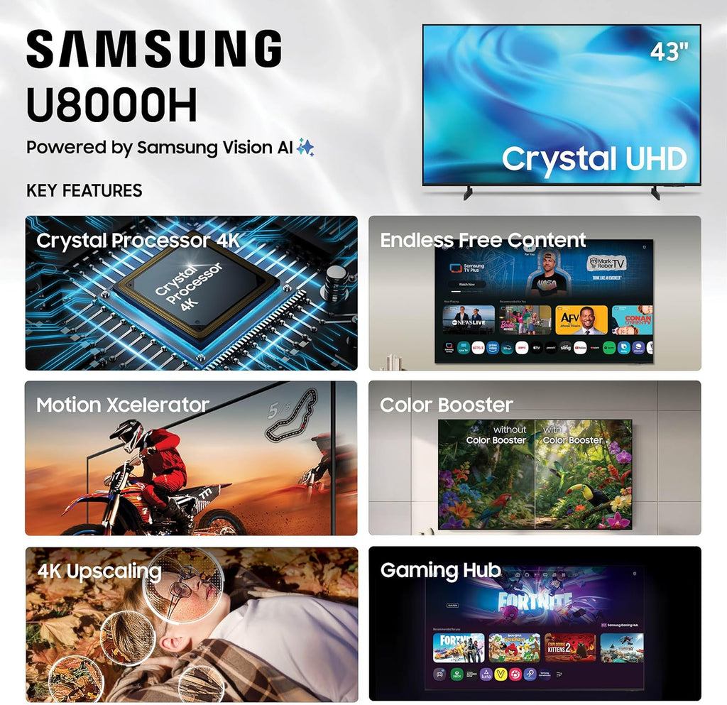 Samsung 43-Inch Class Crystal UHD U8000H Series Samsung Vision AI Smart TV (2026 Model, 43U8000H) Crystal Processor 4K, Endless Free Content, Motion Xcelerator, Color Booster, Alexa Built-in