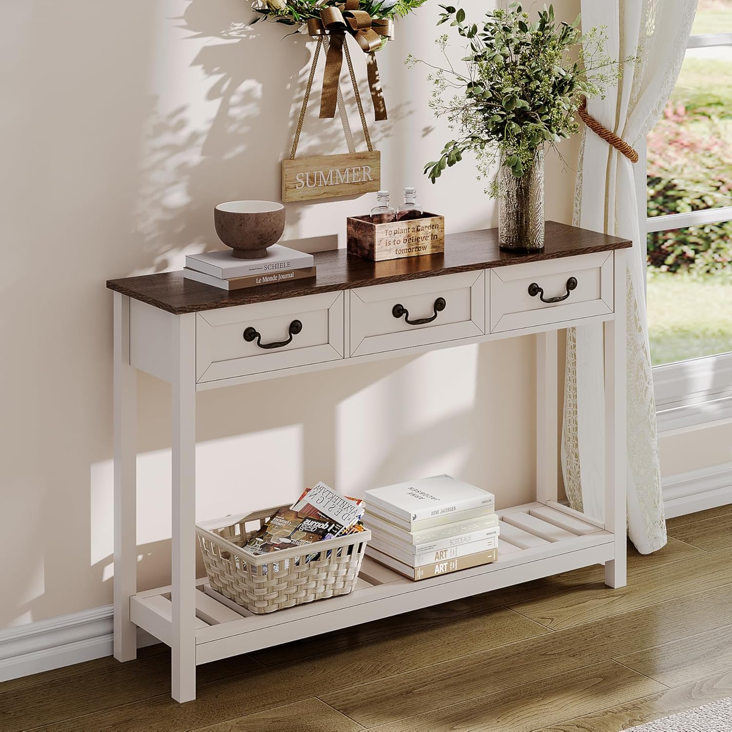 ChooChoo 47" Farmhouse Console Table with 3 Drawers, Rustic Entryway Table, Narrow Long Sofa Table for Living Room, Hallway, Behind Couch, Soft White and Brown