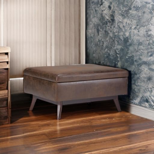 SIMPLIHOME Owen Coffee Table Storage Ottoman - 34" Wide x 19" High Upholstered Vegan Leather Rectangular Lift-Top Ottoman in Distressed Chestnut Brown, Mid-Century Modern Bench with Tapered Legs