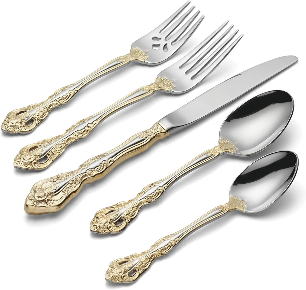Oneida Silverware Set, Golden Michelangelo 20 Piece Fine Flatware Set, Service For 4, 18/10 Stainless Steel With Gold Carat Tips, Knives Spoons And Forks Sets, Dishwasher Safe (Gold/Silver, 20 Pieces)
