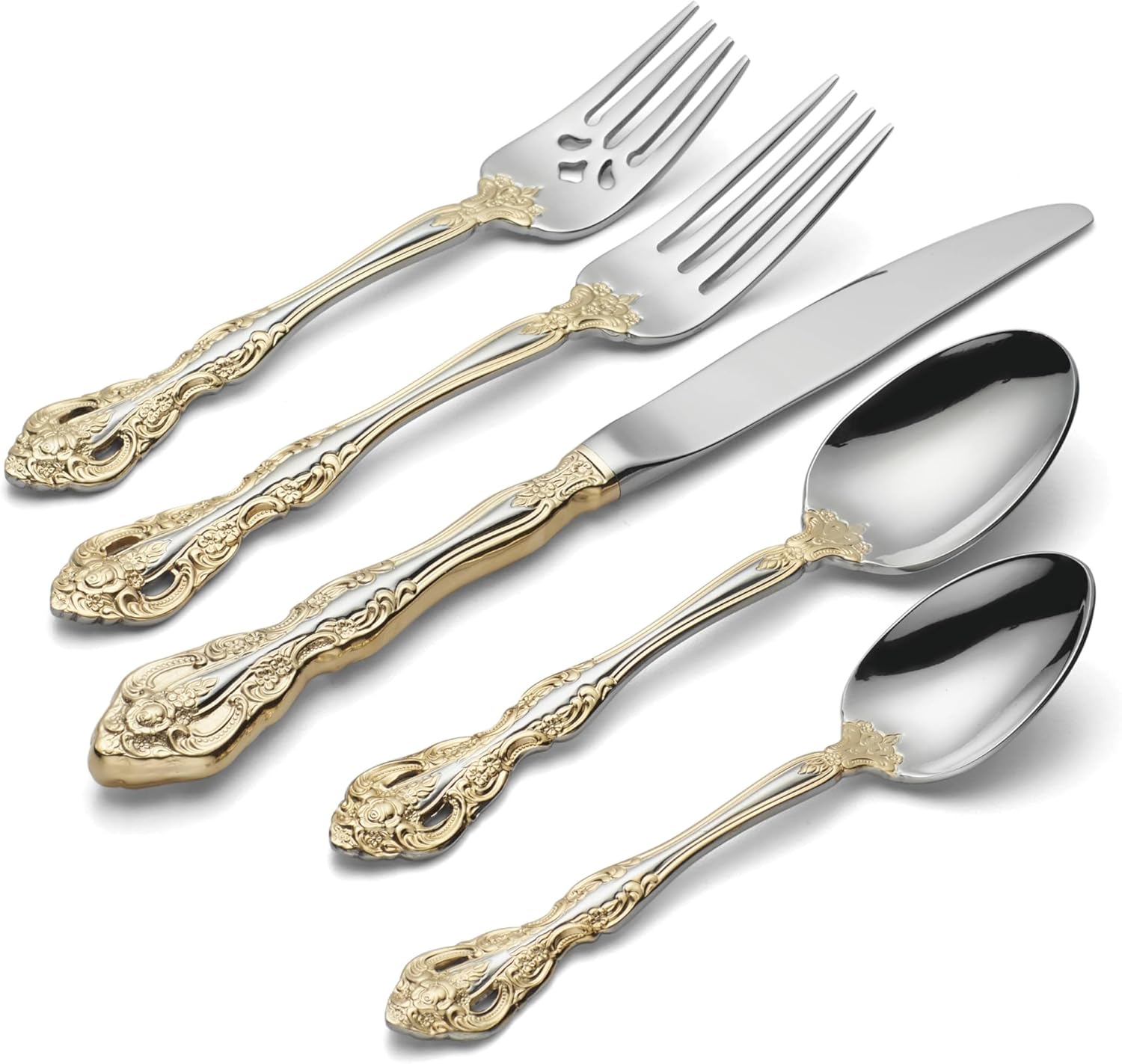 Oneida Silverware Set, Golden Michelangelo 20 Piece Fine Flatware Set, Service For 4, 18/10 Stainless Steel With Gold Carat Tips, Knives Spoons And Forks Sets, Dishwasher Safe (Gold/Silver, 20 Pieces)