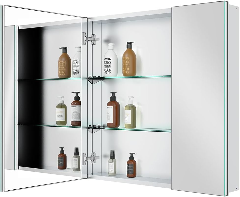 Quavikey Medicine Cabinet for Bathroom with Mirror 2 Doors Aluminum Surface Mount or Recessed Mirror Medicine Cabinet 30x30 Inch, Silver