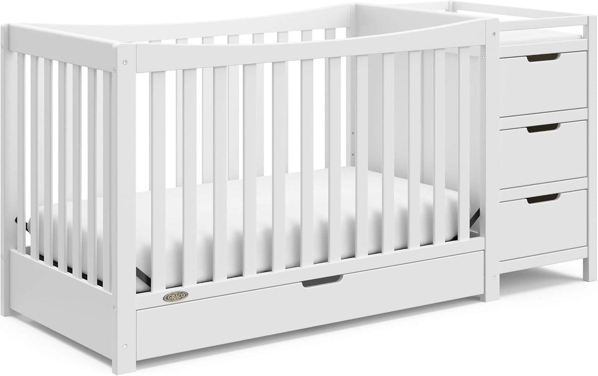Graco Remi 4-in-1 Convertible Crib & Changer – GREENGUARD Gold Certified, Fits Standard Crib Mattress, Converts to Toddler Bed and Full Bed, 4 Adjustable Mattress Heights (White)