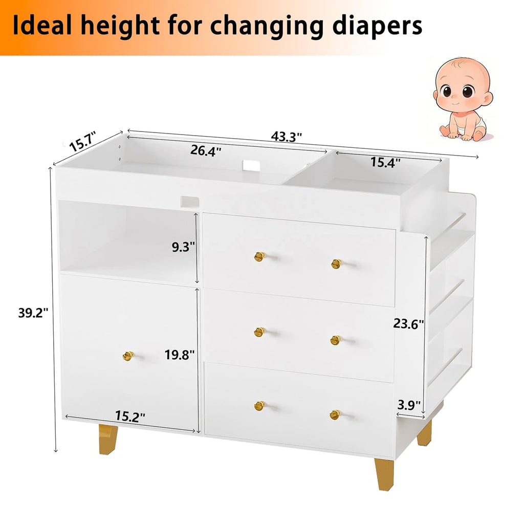 Wooden Baby Changing Table Dresser,Diaper Changing Table with Large Tabletop,4 Drawers, Open Storage Space & Side Shelves,Modern Storage Crib with Changing Table for Nurseries and Baby Rooms,White