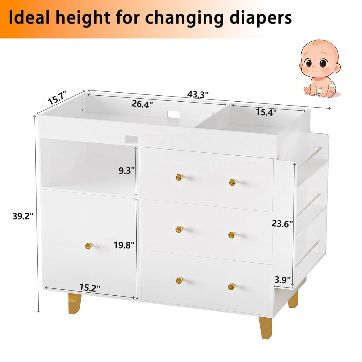 Wooden Baby Changing Table Dresser,Diaper Changing Table with Large Tabletop,4 Drawers, Open Storage Space & Side Shelves,Modern Storage Crib with Changing Table for Nurseries and Baby Rooms,White