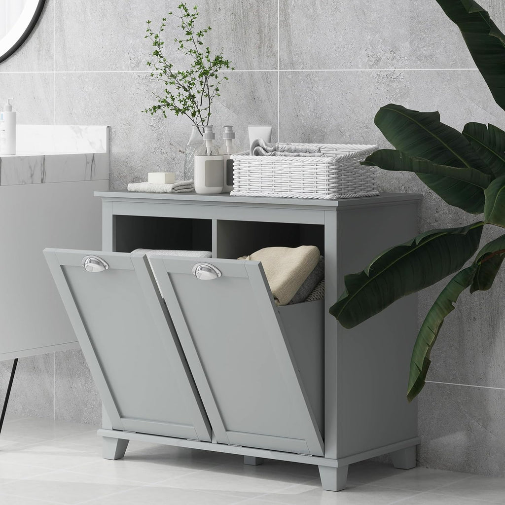 HOMCOM Dual Tilt Out Laundry Hamper Cabinet, Bathroom Storage Cabinet with 2-Compartment Hamper, Modern Bathroom Floor Cabinet for Washroom, Gray