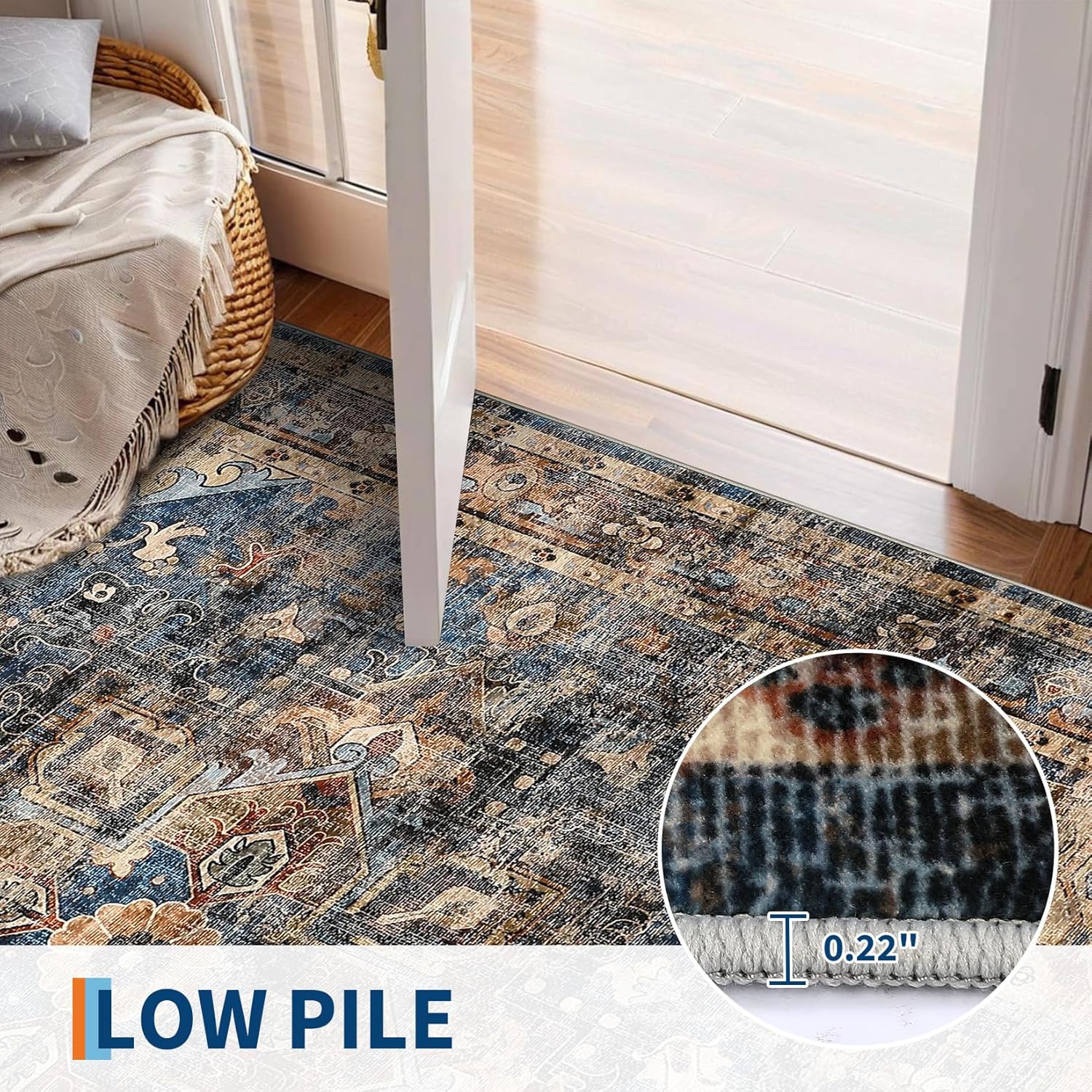 GarveeHome 8x10 Washable Vintage Living Room Area Rug: Vintage Machine Washable Area Rug for Living Room Indoor Large Non-Slip Bedroom Carpet Low Pile Stain Resistant Dining Room Carpet Blue&Brown