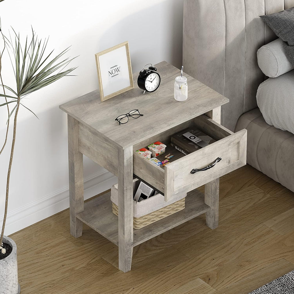 IDEALHOUSE Grey Nightstands Set of 2, End Table with Drawer, Side Table for Spaces, 2 Tiers Storage Shelves with Dresser, Bedside Table for Living Room, Bedroom, Dorm (2pcs-Grey)