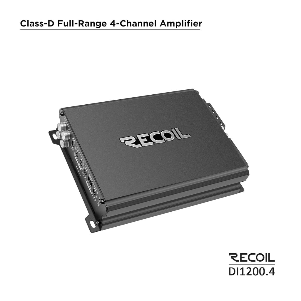 Recoil DI1200-4 Full-Range Class-D 4-Channel Car Audio Amplifier, 2,400 Watts, 2-4 Ohm Stable, MOSFET Power Supply, Bridgeable