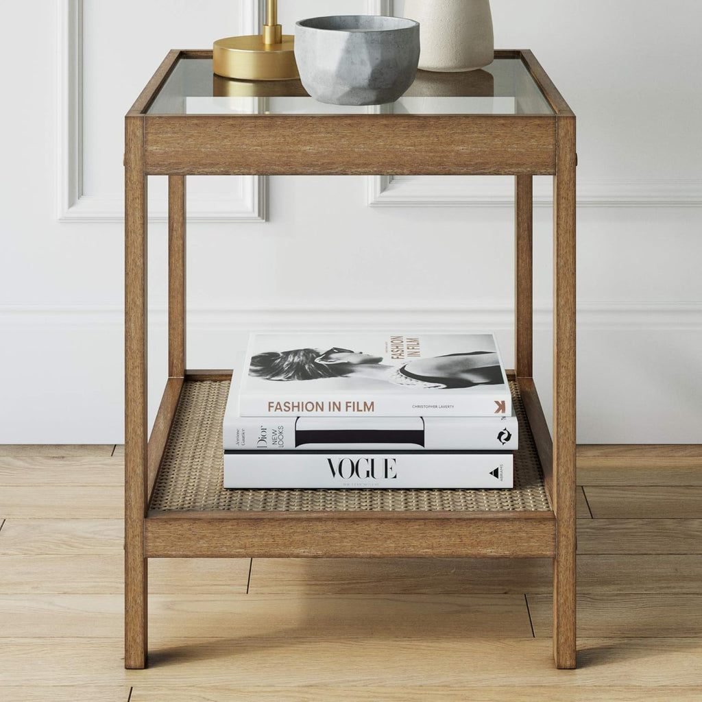 Nathan James 33301 Hayes Solid Wood Nightstand, Bedside, End or Side Table in Light Brown Wood Finish & Glass Top with Open Storage Shelf, 18 in x 18 in x 22 in