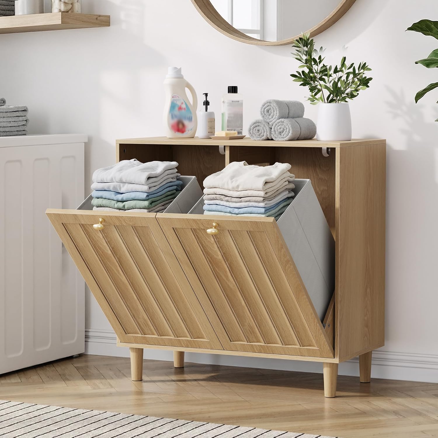 Double Tilt Out Laundry Cabinet,Natural Oak Fluted Finish, Smooth Tilt-Out Hidden Storage, Multi-Functional Organizer for Laundry Room Bathroom Kitchen Utility Space