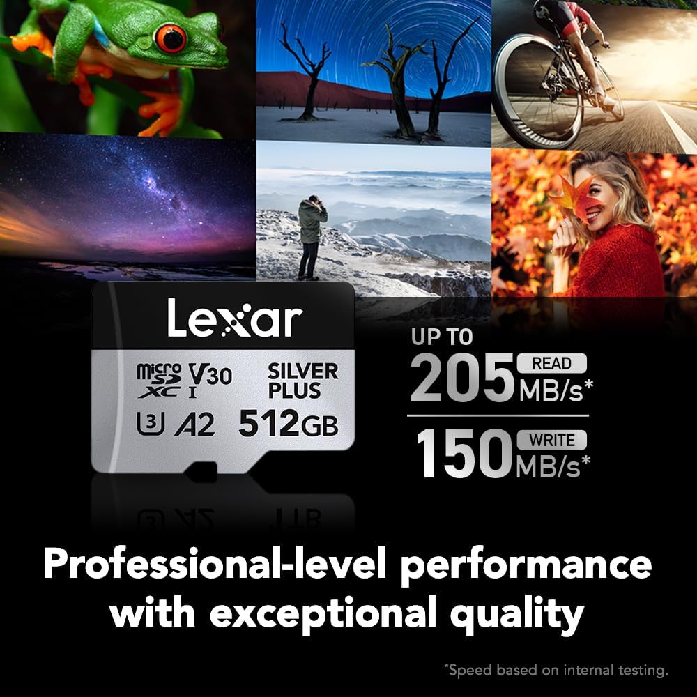 Lexar 512GB Professional Silver Plus Micro SD Card, UHS-I, C10, U3, V30, Full HD & 4K, Up to 205/150 MB/s microSDXC Memory Card, for Videographers, Gamers (LMSSIPL512G-BNANU)