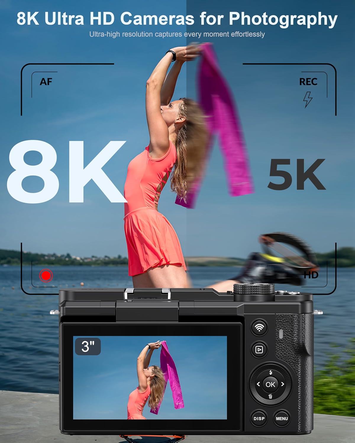 8K Digital Camera, 88MP Cameras for Photography, WiFi Vlogging Camera for YouTube with 3" 180° Flip Screen, 18X Zoom UHD Autofocus Video Camara with Lens Hood, 64GB Card