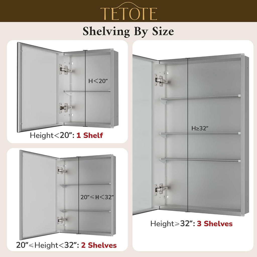 TETOTE 48 x 24 Medicine Cabinet with Tempered Beveled MirrorSilverMedicine Cabinet Mirror Aluminum Cabinet DTC Hinges, Stepless Adjustable Shelves, Recessed/Surface-Mounted