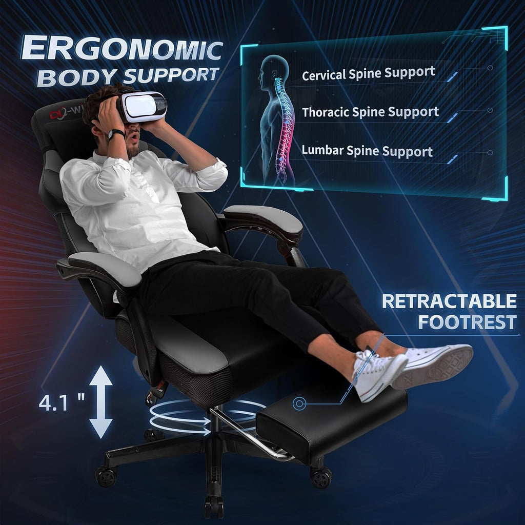 DL-win Gaming Chairs for Adults, Computer Chair with Footrest and High Back, Big and Tall Gamer Chair's with Massage Lumbar Support, 360° Swivel Height Adjustable Gaming Chair, Grey