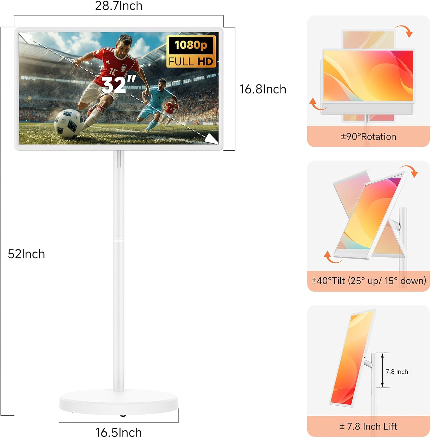 KEFEYA 32" Smart Portable TV, FHD Touch Screen Monitor on Wheels, Voice Remote Control, Wireless Movable Display, 360° Swivel Rotation, Rechargeable 38400mAh Battery,EDLA-Certified,20W Stereo Speakers