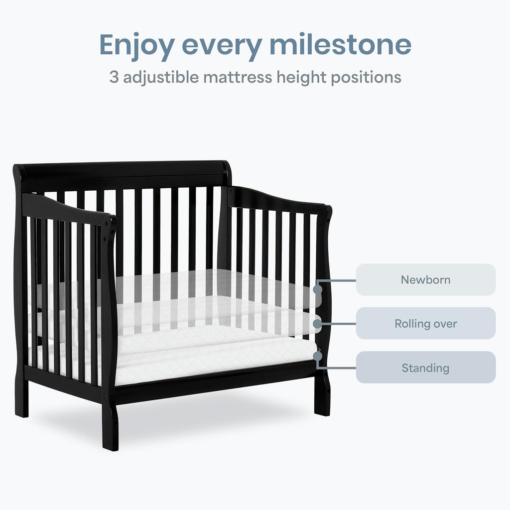 Dream On Me Aden 4-in-1 Convertible Mini Baby Crib, GREENGUARD Gold & BSA Certified, Sustainable Pinewood, Non-Toxic Finish, 3 Mattress Heights, Converts to Mini Day & Twin-Size Bed - Black