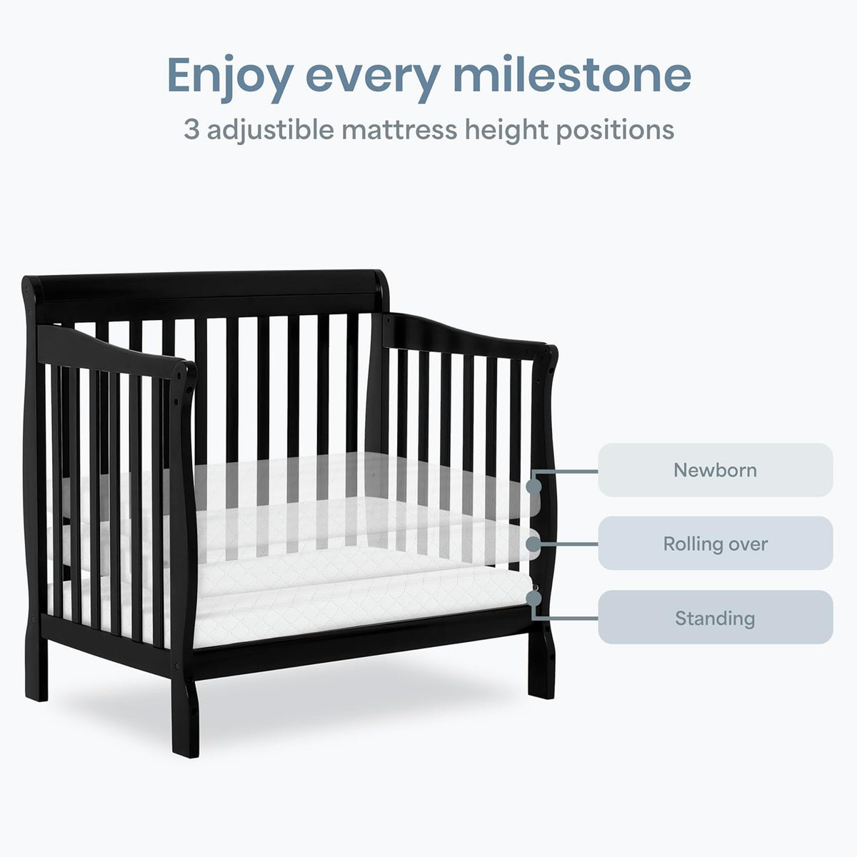 Dream On Me Aden 4-in-1 Convertible Mini Baby Crib, GREENGUARD Gold & BSA Certified, Sustainable Pinewood, Non-Toxic Finish, 3 Mattress Heights, Converts to Mini Day & Twin-Size Bed - Black