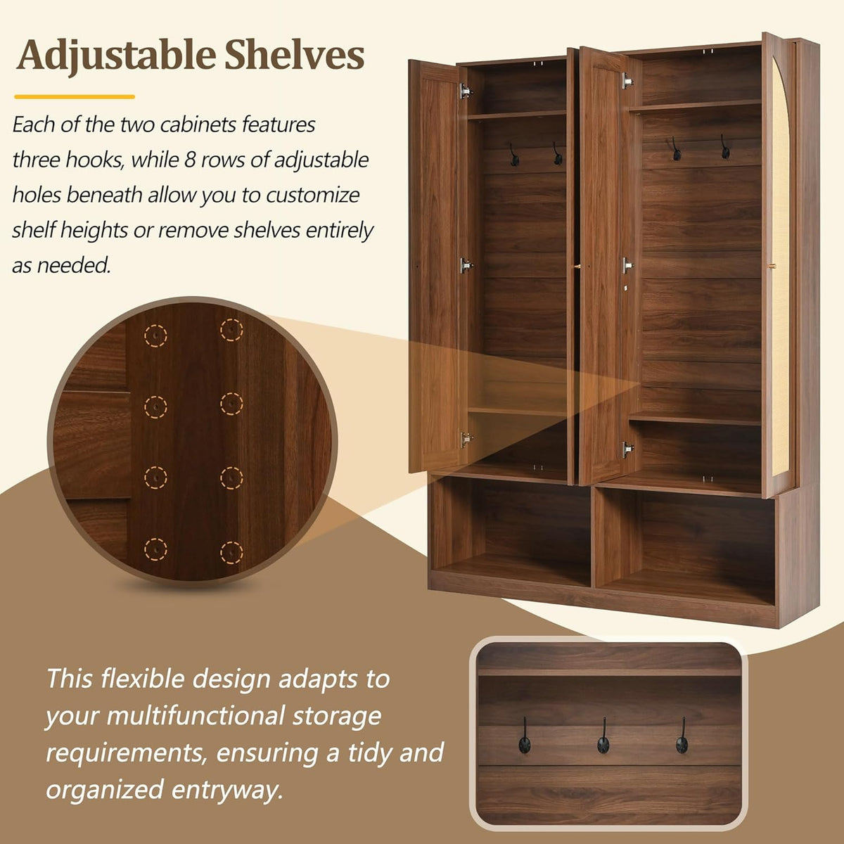 LUMISOL Wide Entryway Hall Tree with Storage Bench and 4 Rattan Doors, 78.7”H Farmhouse Entryway Coat Rack with 6 Hidden Hooks, 4-in-1 Mudroom Organizer with Adjustable Shelf, for Living Room, Walnut