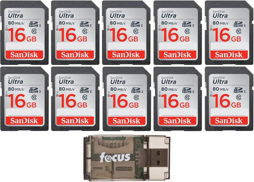 SanDisk Ultra 16GB Class SD Memory Card (10-Pack) with Focus All-in-One High Speed USB Reader Bundle (11 Items)