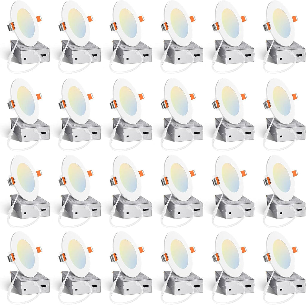 Amico 24 Pack 4 Inch 5CCT Ultra-Thin LED Recessed Ceiling Light with Junction Box, 2700K/3000K/3500K/4000K/5000K Selectable, 10W Eqv 60W, Dimmable Can Light, 800LM High Brightness Downlight - ETL&FCC