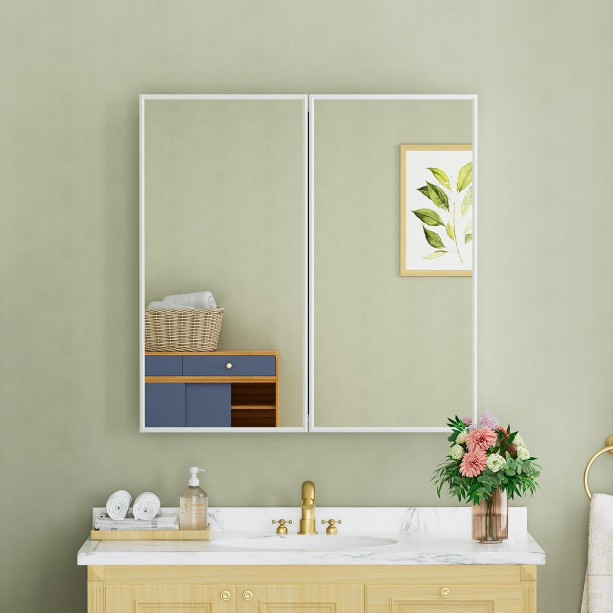 Buruis 30" x 30" Framed Medicine Cabinet with Mirror, Recessed or Wall Mounted Bathroom Cabinet, Adjustable Tempered Glass Shelves, Left/Right Open Reversible, No Assembly Required, White