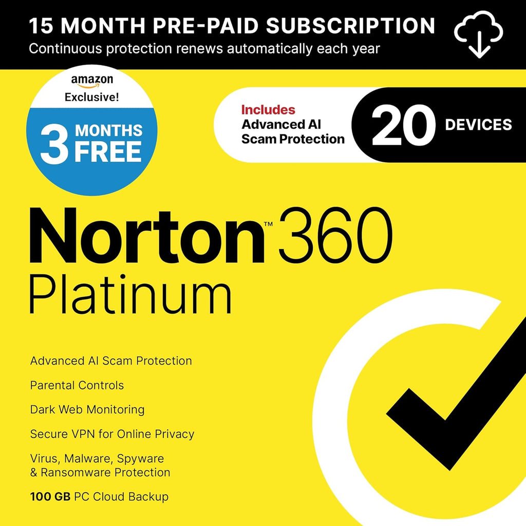 Norton 360 Platinum 2026 Ready, Antivirus software for 20 Devices with Auto-Renewal – 3 Months FREE - Includes Advanced AI Scam Protection, VPN, Dark Web Monitoring & PC Cloud Backup Download