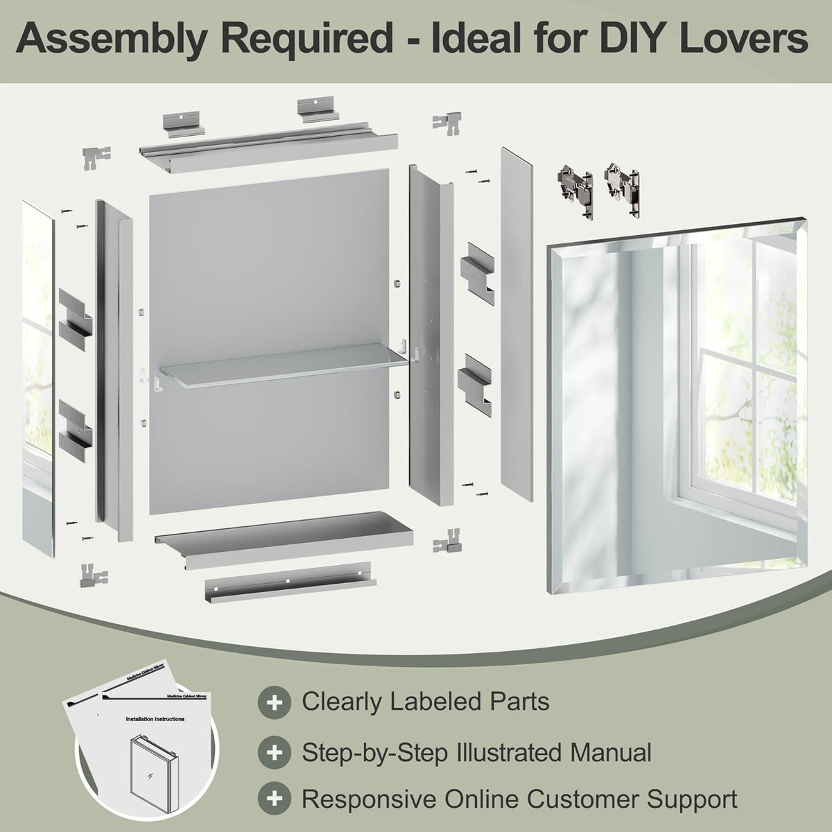 14x18 Inch Aluminum Medicine Cabinet with Beveled Mirror, Assembly Needed, Recessed or Wall Mount, 1 Adjustable Tempered Glass Shelf, Side Mirrors, Reversable Door, Rectangular Silver Edge